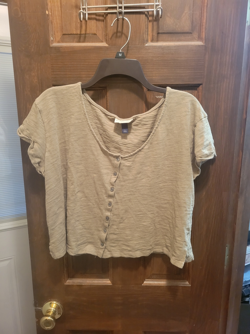 Cotton Olive Green Short Sleeved Top Womens Large Rustic Button Down Front